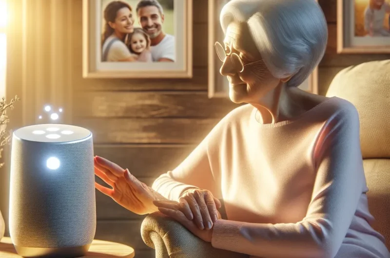 "An elderly man using a digital assistant device at home, showcasing how ethical technology enhances quality of life for seniors through easy communication and assistance."