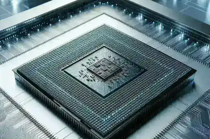 "Close-up of Intel's 15th-gen Arrow Lake CPU prototype, showcasing advanced chip design and technology innovations expected for release in 2025."