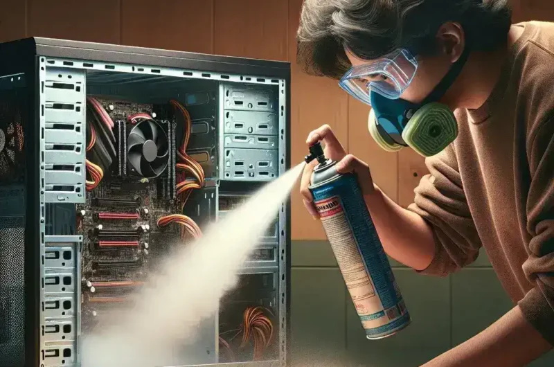 "Person using compressed air canister to dust a computer desktop and keyboard, removing dirt and debris for effective cleaning"